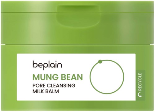 Grüner Behälter mit Beplain Mung Bean pore cleansing milk balm und weißem Etikett.