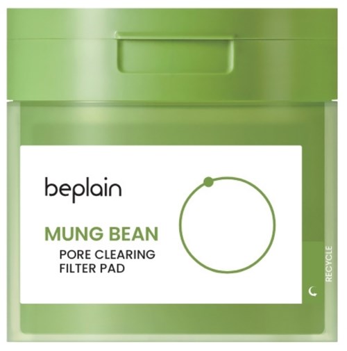 Groene container met label voor 'beplain Mung Bean Pore Clearing Filter Pad' en een ronde bedieningsknop.