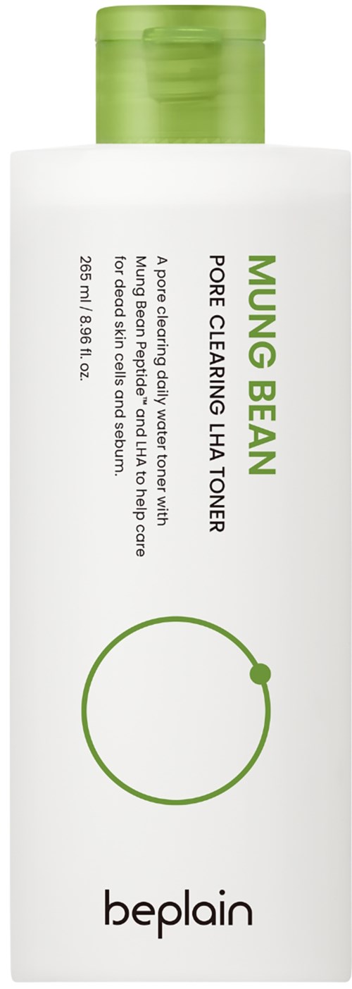 Een witte fles met een groene dop, gelabeld Ming Bean Pore Clearing HA Toner van Beplain, 250 ml.