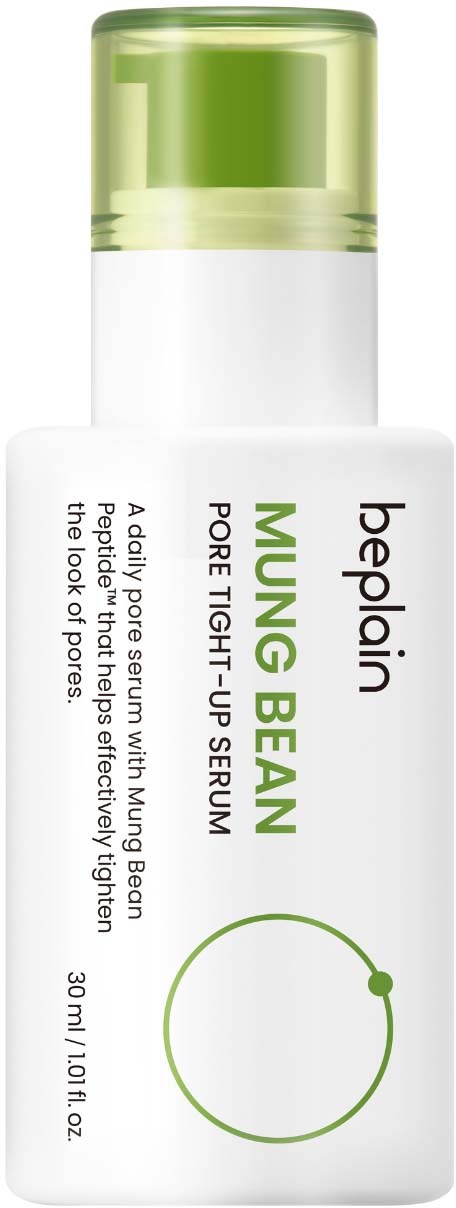 Een witte fles met groene dop, gemerkt 'bepain' en 'Young Bean' voor huidverstrakking, 50 ml.