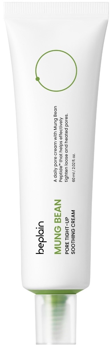 Een witte tube met groene tekst en logo, gemarkeerd 'bepan MUNG BEAN SOOTHING CREAM'.