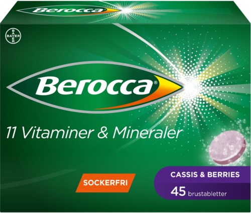 The box shows Berocca vitamins with cassis and berries flavor, 45 tablets, and a green design with bright light effects.