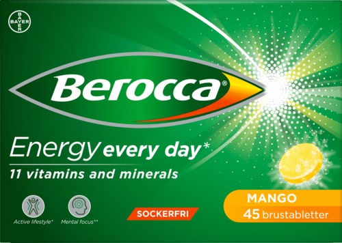 Green packaging with Berocca logo, showing mango flavor, energy message, and vitamins, with a lemon image and health icons.