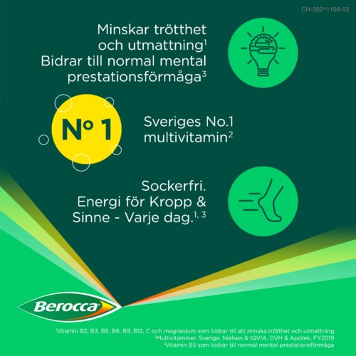 Green and yellow icons with text about reducing tiredness, energy, and vitamin supplements, highlighting Sweden's No. 1 multivitamin.
