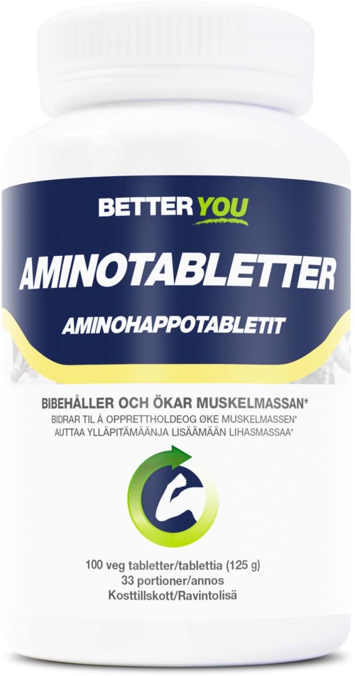Eine weiße Flasche mit dem Label Better You Aminotabletter, blau- und gelbd) Gestaltung, mit einem grünen und blauen Logo.