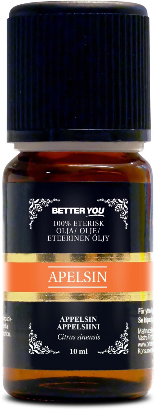 En liten ravfarget flaske med svart lokk, merket som appelsinolje, inneholder 10 ml sitrusaroma.