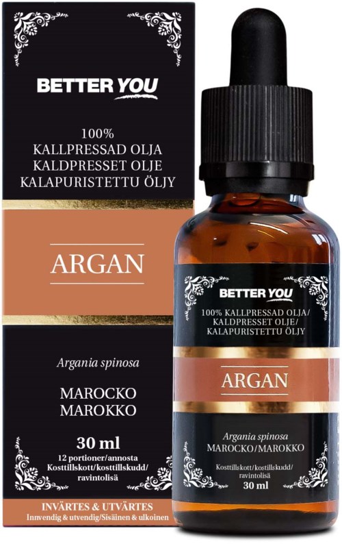 A brown glass bottle with a black dropper cap, and a box label showing 'Argan' oil for skin. Simple and elegant design.