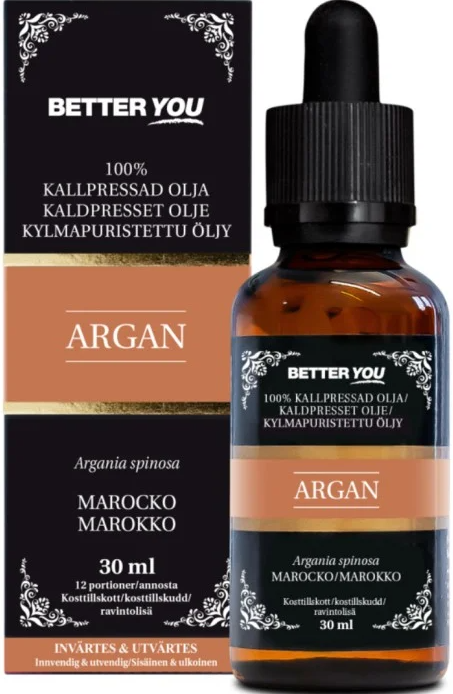 A bottle of argan oil with a black box label showing product details in white and copper colors.