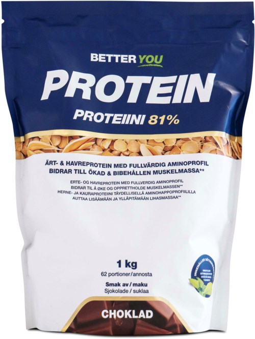 A 1 kg bag of chocolate-flavored protein powder with 81% protein content, featuring blue and white packaging and a chocolate image.