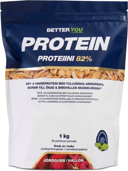 En 1 kg påse med växtbaserat protein med 82% protein, smak av jordgubb eller pumpa, i blå och vitt förpackning.