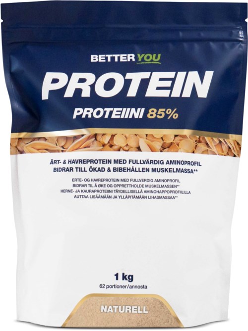 A 1kg bag of protein powder, blue and white, with text in multiple languages and a picture of grains or nuts.