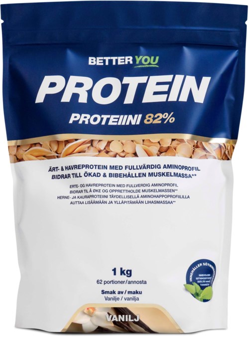 Sininen ja valkoinen proteenipakkaus, jossa teksti proteiinipitoisuudesta ja makuvaihtoehdoista.
