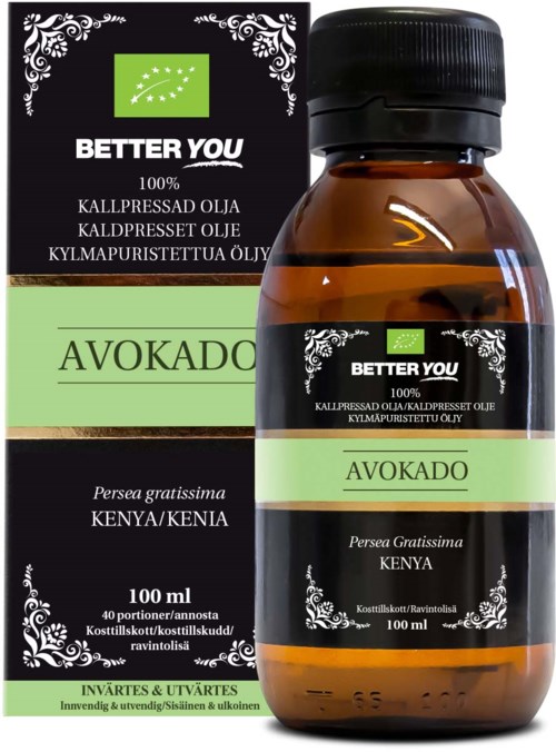 Detta är en flaska avokadoolja från Kenya, med svart, grönt och vitt förpackning, 100ml storlek, naturlig och kallpressad.