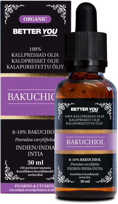 En liten brun flaske med svart lokk og en etikett som viser at den inneholder Bakuchiol-olje fra India.
