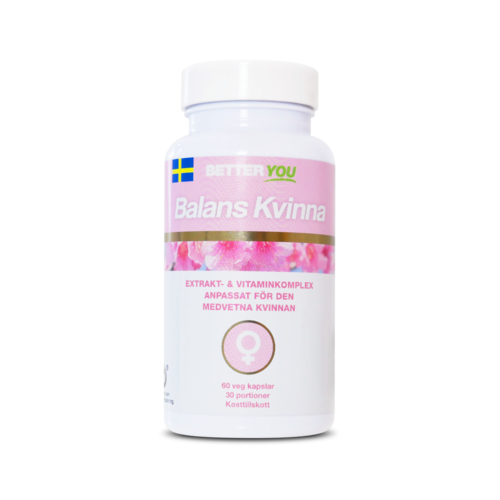 A white bottle with pink and purple label, showing health supplement for women, with Swedish and other language text.