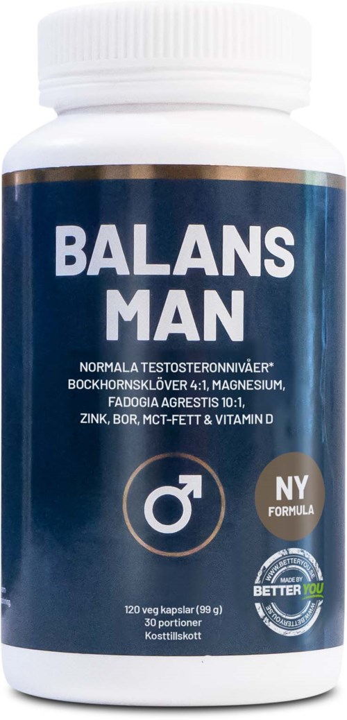 Flaska med kosttillskott för männens hälsa med etikett som visar ingredienser och en manlig symbol.