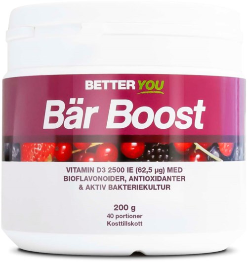A dietary supplement container named 'Bär Boost' with berries and info about vitamins, antioxidants, and 200g content.