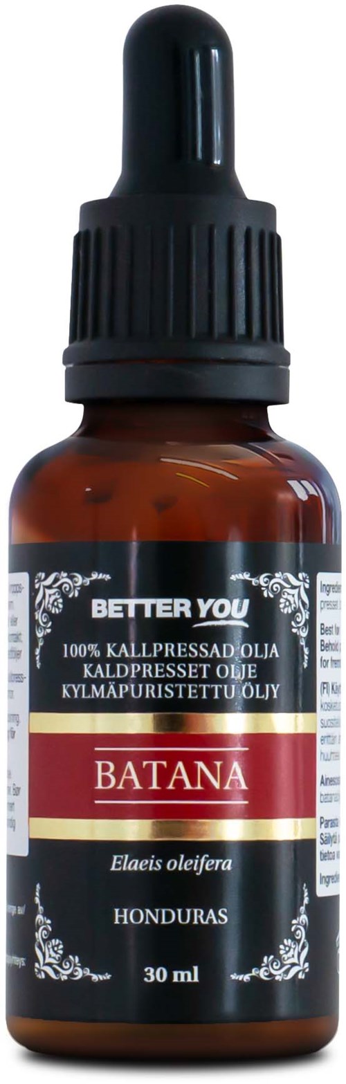Liten brun flaska med svart droppkork, märkt 'BATANA' från Honduras, innehåller 30 ml olja.