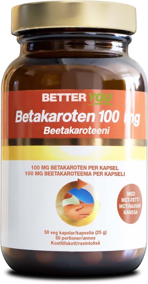 Ravintolisäpullossa lukee Betakaroten 100 mg, punainen, valkoinen ja kultainen väri, sisältää kapseleita.