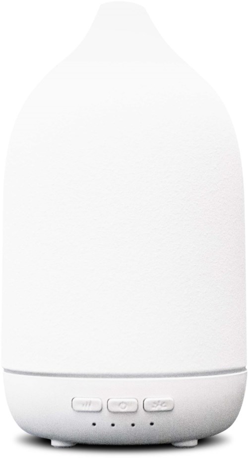 En vit, rund diffuser med kontrollknappar och små indikatorlampor längst ner.