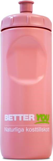 Roze waterfles met schroefdeksel en de woorden "BETTER YOU" en "Natuurlijke voedingssupplementen".