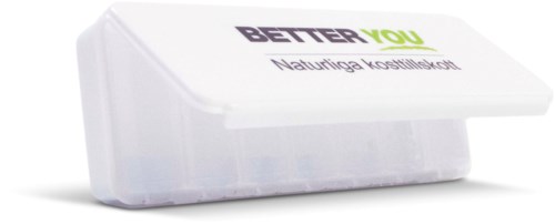 En hvit beholder med etikett som sier "BETTER YOU" og "Natturinga kosttilskot".