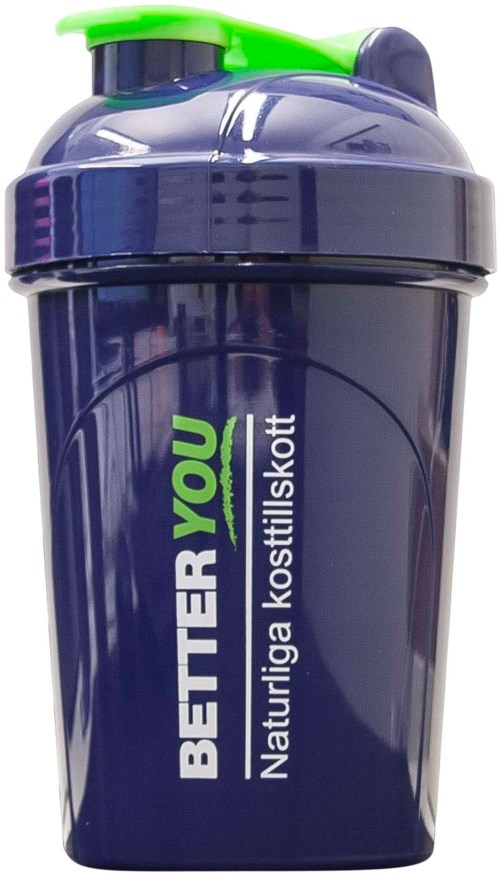 Een donkerblauwe proteinfles met een groene deksel, met de woorden "BETTER YOU" en "Natürliga kosttillskott".