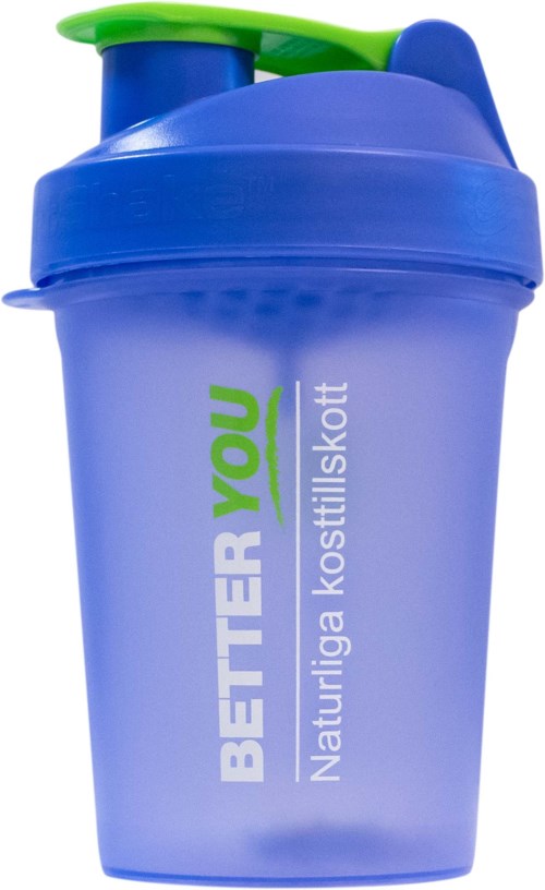 Een blauwgroene proteinshaker met tekst die gezondheid en voeding promoot.