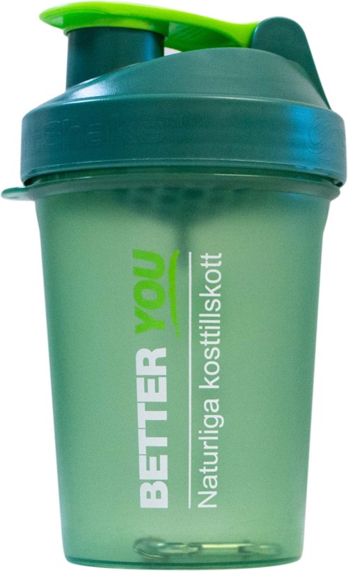 Groene shakebeker met een blauwe deksel en een groene sluitclip, met de tekst "BETTER YOU" en "Natuurlijke voedingssupplementen."