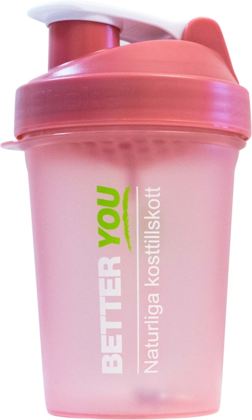 Roze eiwitshaker met groen en wit logo en klikdop.