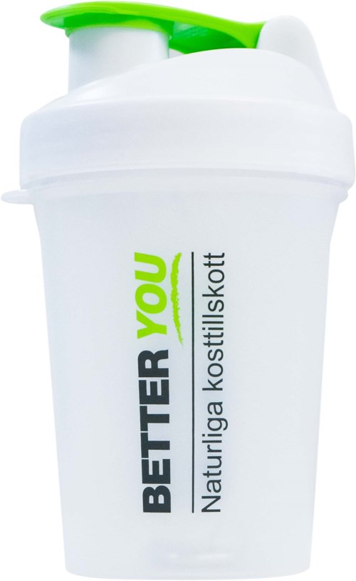 Een witte waterfles met groene dop, met de tekst "BETTER YOU" en "Natuurlijke voedingssupplementen".