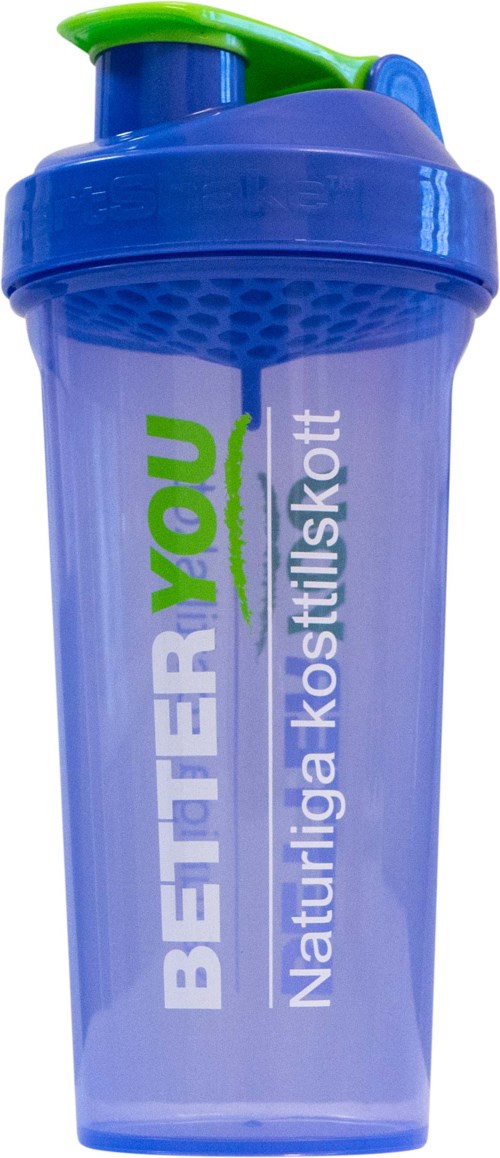 Blauwe en groene sportshaker met tekst over gezondheid en fitness.