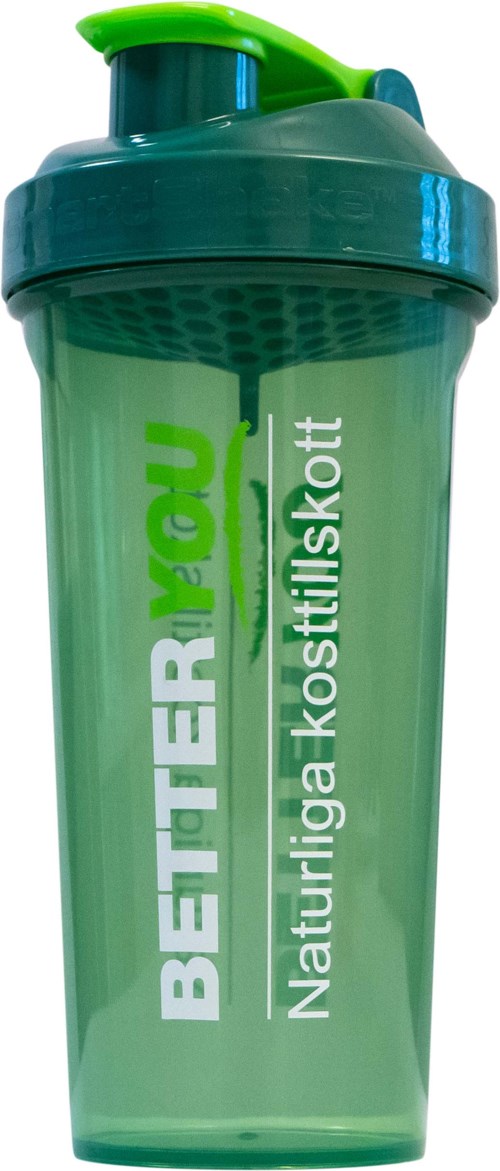 Groene plastic shaker met een groene deksel, gemarkeerd met een motiverend bericht en een website.