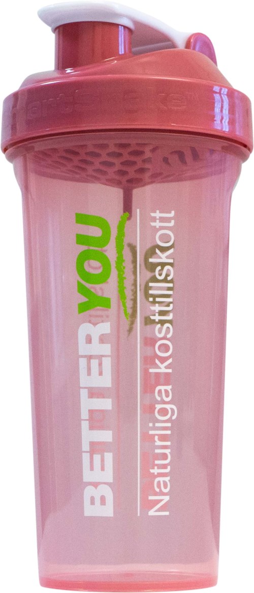 Rosa Shaker mit grün-weißen Schriftzug, Trinkverschluss.