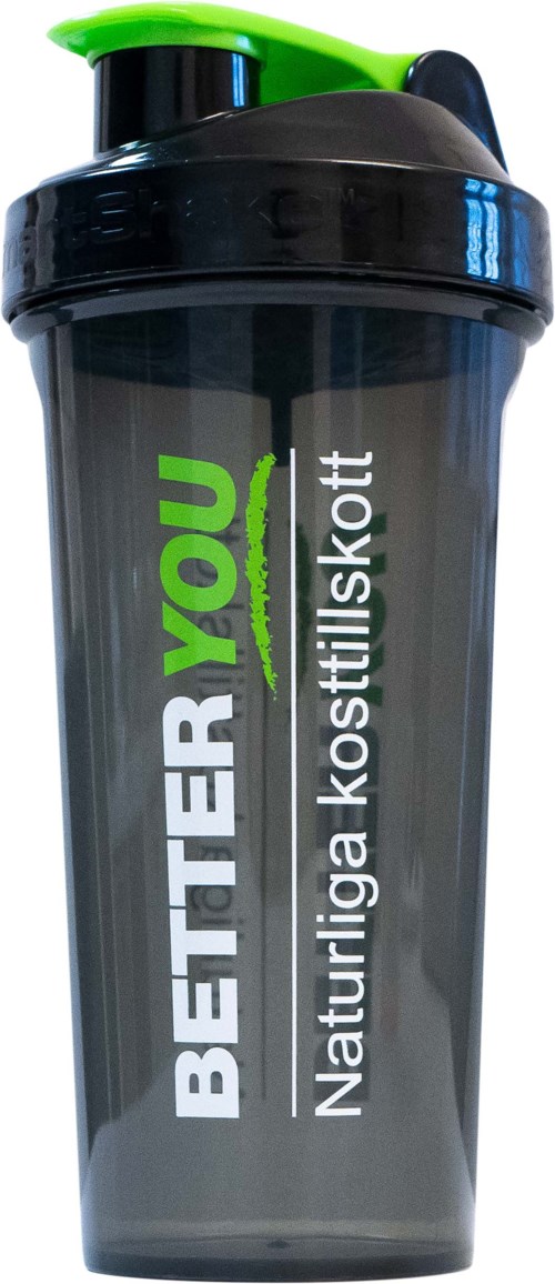 Zwarte en groene shakebeker met de tekst "BETTER YOU" en "Natuurlijke voedingssupplementen".