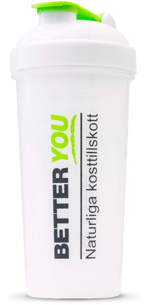 Een witte shakebeker met groene dop en de woorden 'BETTER YOU' en een Zweedse zin.