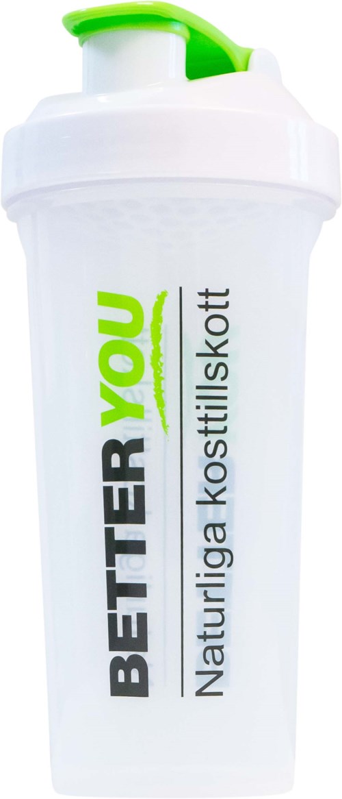 Een witte shakerfles met groen deksel en label, die betere gezondheid en natuurlijke voedingsstrips promoot.