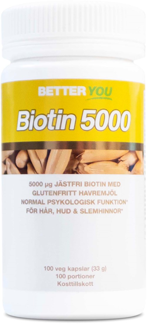 En kosttilskuddsflaske merket 'Biotin 5000' for hår, hud og negler, inneholder 100 kapsler.