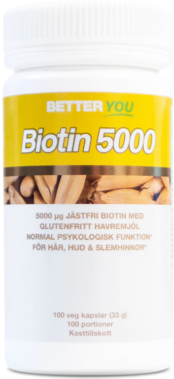 En kosttilskuddflaske merket 'Biotin 5000' med 100 kapsler, designet for helse for hud og hår.