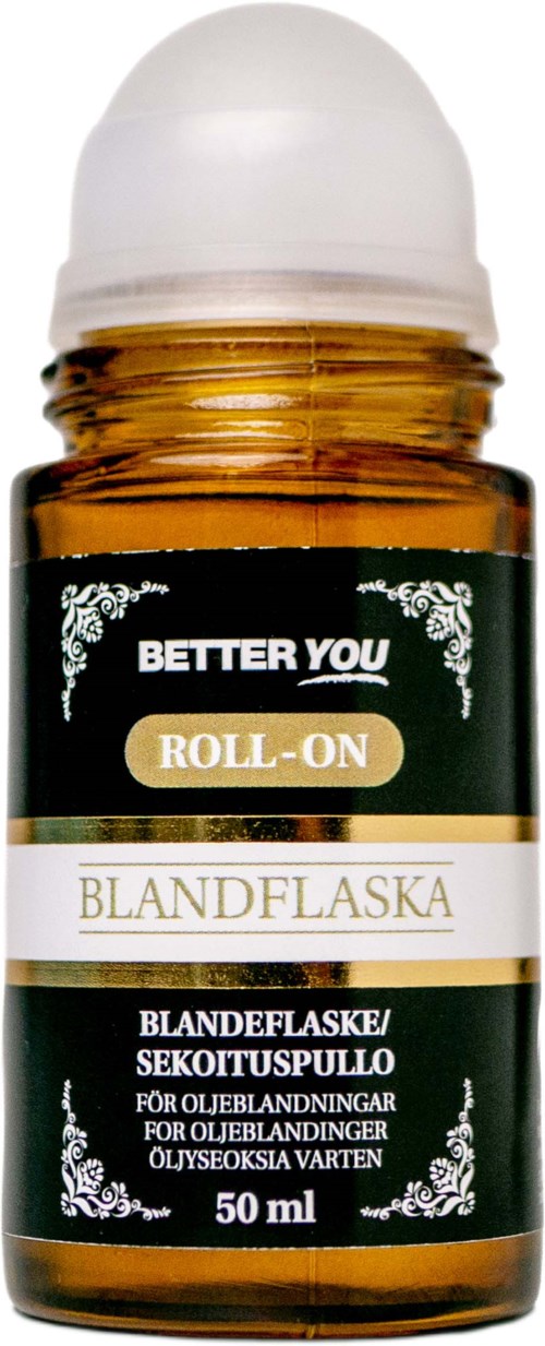 En liten bärnstensfärgad flaska med en vit rullningskula, märkt för muskelvärk, innehållande 50 ml.