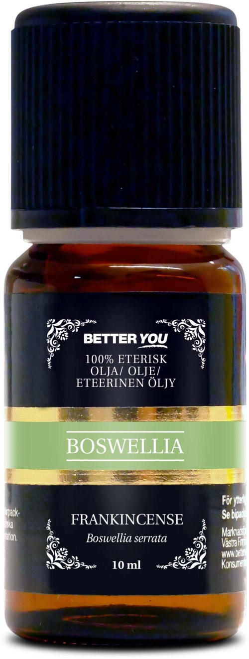 Pieni ruskea pullo mustalla korkilla, etiketti boswellia eteerinen öljy, tuoksu suitsukersta.