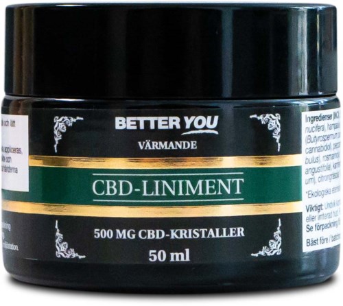 A jar with CBD balm, labeled as 'Better You Värmande CBD-Liniment, 500 mg, 50 ml, for warming.