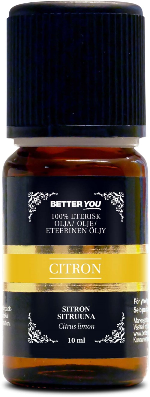 En liten ravfarget flaske med svart lokk, merket 'Citron' for sitron eterisk olje, inneholder 10 ml.