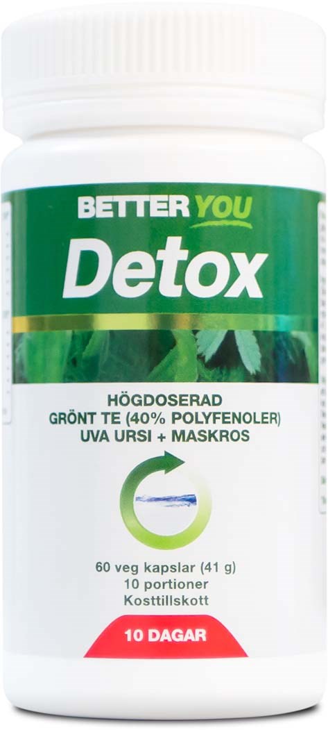 En vit flaska märkt 'Better You Detox' med grön förpackning och text om örtte och kapslar för avgiftning.