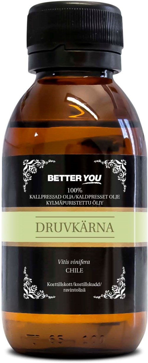 Pieni ruskea pullo mustalla päällä, merkinnällä 'Better You' ja 'Druvkärna', Chilestä, sisältää yrttiöljyä.