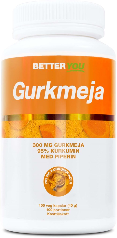Eine weiße Flasche mit orangefarbenem Etikett, die 'Gurkmeja' heißt, enthält 100 Kapseln mit Kurkuma und schwarzem Pfeffer.