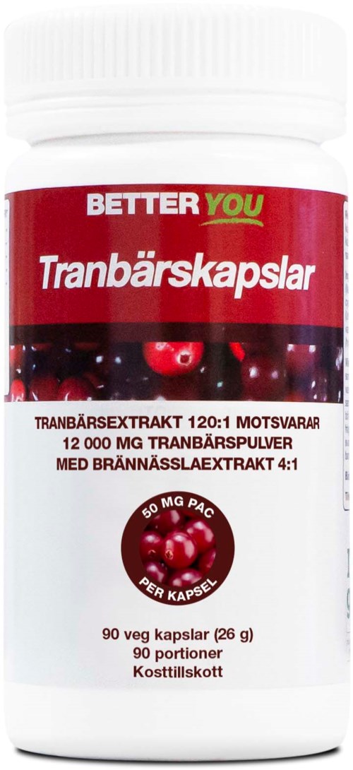 Flaske med tranbærsekstraktkapsler med rød og hvit etikett, viser tranebær og produktinformasjon.