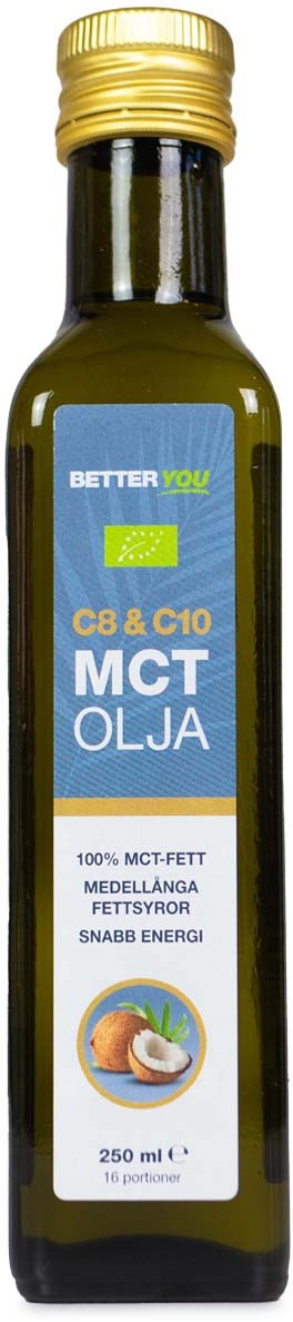 En grön glasflaska med guldkapsel märkt 'C8 & C10 MCT Oil' som innehåller 100% MCT-fett från kokosnöt.