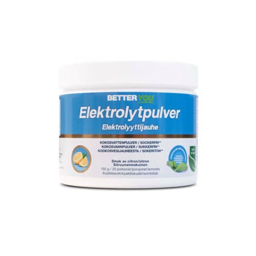 A container of electric electrolyte powder with lemon flavor and blue and white packaging.