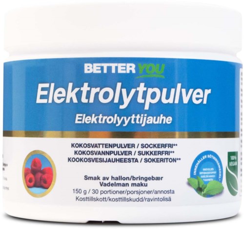 En hvit beholder med blå etikett som viser bringebær og myntebilder, tekst på flere språk om elektrolyttpulver.